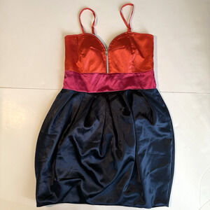 Tfnc London Women Satin Mini Party Dress Size Large Zip Bust Colorful Baby Doll